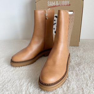 Sam&Libby Women's Scarlett Combat Boot Side Zip, Knit Details, Brown, Sz 7.5/ 8